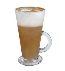 There is a glass of coffee. White background. Isolated.