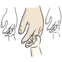 close-up little child holding hand of father or mother vector illustration sketch doodle hand drawn with black lines isolated on white background