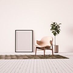 Minimal Room with Designer Armchair, Carpet, Indoor Plant and Empty Frame Mockup.