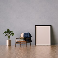 Minimal Room with Designer Armchair, Indoor Plant and Empty Frame Mockup.