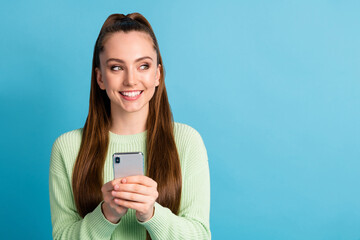 Close-up portrait of her she nice attractive lovely cheerful cheery brown-haired girl using device...