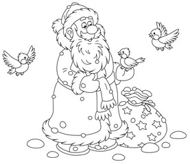 Santa Claus with his Christmas gift bag, smiling and playing with little cheerful birds flying around him, black and white outline vector cartoon illustration for a coloring book page