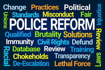 Police Reform Word Cloud on Blue Background