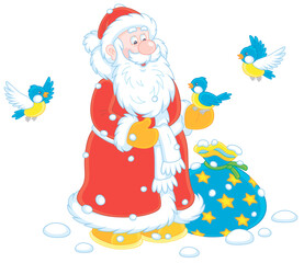 Santa Claus with his Christmas gift bag, smiling and playing with little cheerful birds flying around him, vector cartoon illustration on a white background