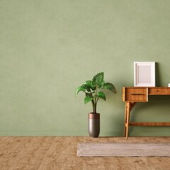 Scandinavian Work Desk with Indoor Plants and Small Frame Mockup on Desktop.