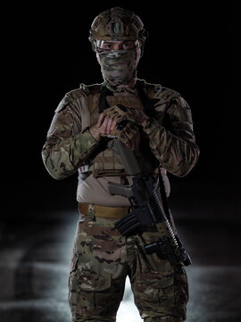 Soldier With Full Combat Gear In Night Mission