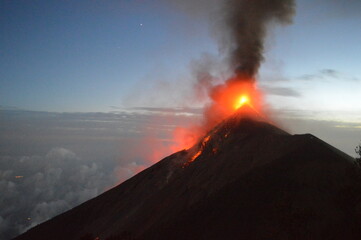 The volcano Fuego erupting with exploding lava, magma and ashes in Guatemala