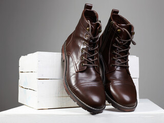 Trendy brown boots with white wooden box