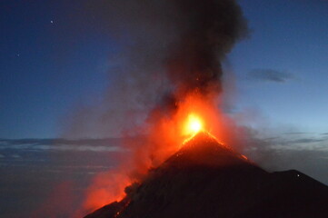 The volcano Fuego erupting with exploding lava, magma and ashes in Guatemala