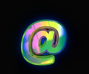 Colorful dichroic font - at sign isolated on grey background, 3D illustration of symbols