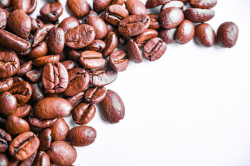 Roasted coffee beans background. Top view. Copy space