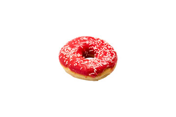 Donut with red icing on a white isolated background. Bakery, baking concept