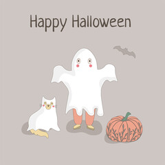 Happy Halloween Ghost with Cat and Pumpkin