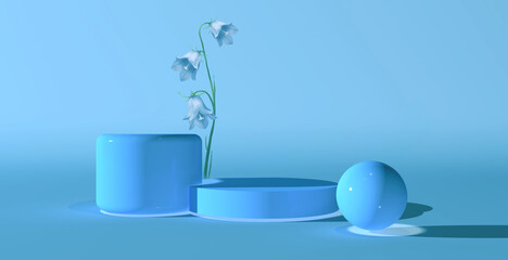 Podium, stand, showcase on pastel light, blue background for premium product with nature plant, leaves. Mock up for exhibitions, presentation of products, therapy, relaxation and health -3d render.