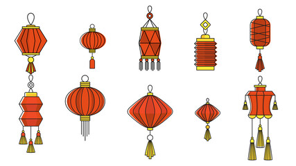 Chinese paper lanterns set. Flat vector color icons.