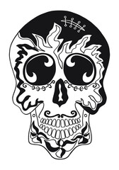 Mexican holiday Day of the Dead Celebration Festival and Halloween. Sugar skull  for poster, card, print, emblem, sign, tattoo, t-shirt. background. .  Black and white vector illustration 

