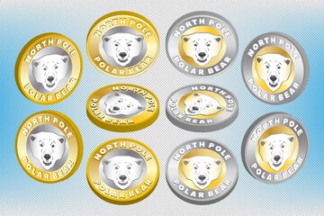 Fototapeta premium 3d set of bimetallic coin tokens dedicated to the north pole with a polar bear head. EPS10