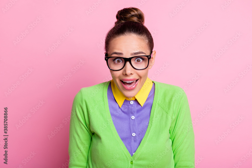 Sticker Close-up portrait photo of cute charming young shocked look open mouth her mother form abroad come visit her weekend wear spectacles colored clothes bright pink color background