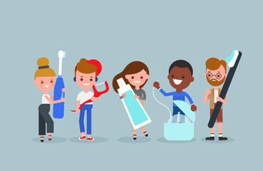 People cartoon with dental cleaning tools. Oral care product.