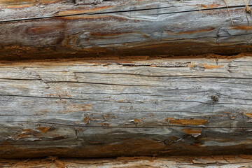 Wooden wall from logs. Texture and background from wooden logs.