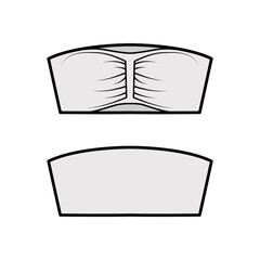 Tube Bra bandeau stretch lingerie technical fashion illustration with strapless silhouette, overhead slip on. Flat brassiere template front back grey color style. Women men unisex underwear CAD mockup