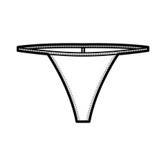 T-back string technical fashion illustration with low waist rise, no hips coverage, elastic waistband. Flat panties bikini lingerie template front, white color. Women men unisex underwear CAD mockup