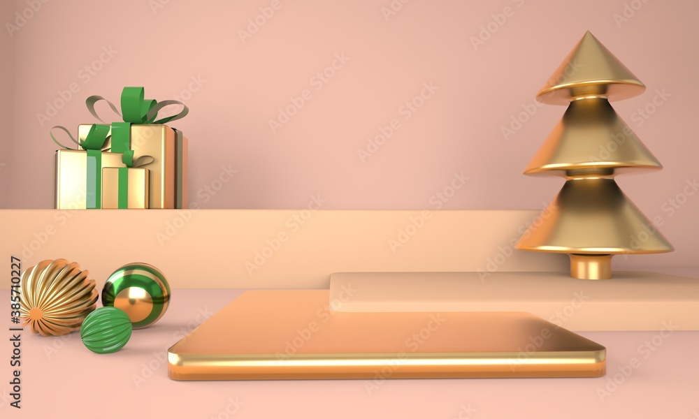 Poster christmas background with christmas tree and stage for product display. 3d rendering.