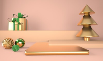 Christmas background with Christmas tree and stage for product display. 3d rendering.