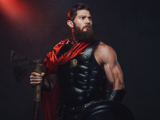 Warlike and armoured rome empire fighter with beard and muscular build posing holding shield and...