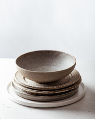 handmade ceramics, empty craft ceramic plates and bowls on light background 