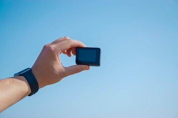 male hand with camera  on sky background