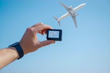 male hand with camera filming an airplane in the sky
