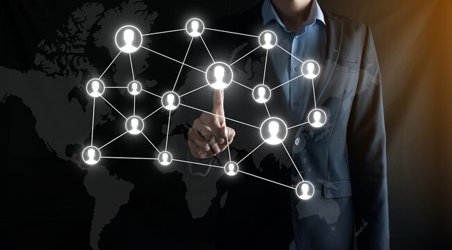 Businessman In Suit Click Social Network,business, Technology, Internet And Networking Concept. Internet Icons Interface Foreground. Global Network Media Concept,contact On Virtual Screens ,copy Space