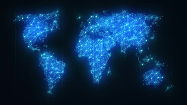 World Map Global Technology With Plexus Patterns Background/ 4k animation of a hi-tech background with technology world map outlines and dots connected