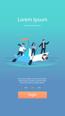 Business leader with spyglass leading his team in ocean. Team of employee with paddles sailing paper boat. Vector illustration for journey, success, goal, strategy, teamwork concepts
