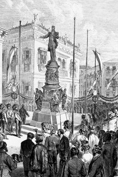 Trieste, Italy, inauguration of the monument in memory of Maximilian of Austria, who was emperor of Mexico. Antique illustration. 1875.