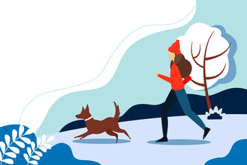 Woman running with the dog in the Park. The concept of an active lifestyle. Vector winter illustration in flat style. 