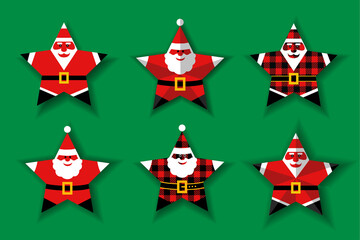 .Set of different Santa stars. Paper cut style. Christmas vector illustration..