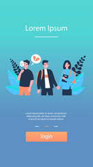 Happy young couple and jealous guy standing near them. Mask, youth, broken heart flat vector illustration. Love and relationship concept for banner, website design or landing web page