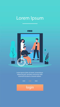 Disabled man getting into elevator cabin. Wheelchair, friends, lift flat vector illustration. Diversity, disability, public place concept for banner, website design or landing web page