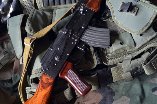 AKM(Avtomat Kalashnikova) version of Kalashnikov assault rifle.  October 16, 2020. Kiev Region, Ukraine