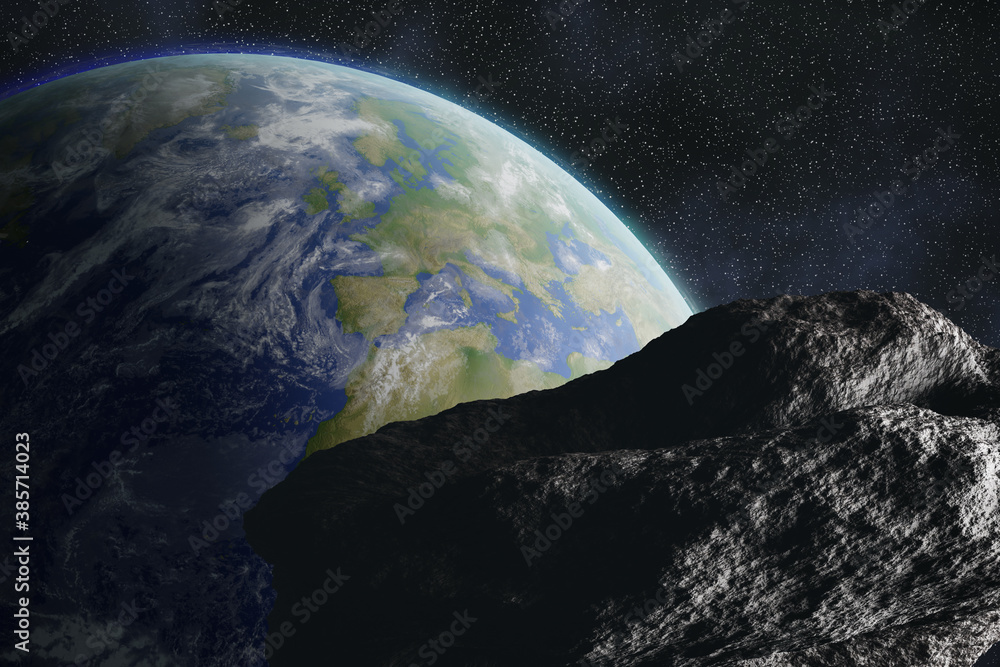 Wall mural big asteroid or meteor is floating to earth. apocalypse concept. 3d rendered illustration. elements 