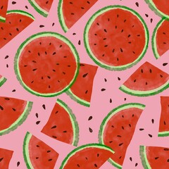 Fresh green red watermelon seamless surface pattern hand drawn in digital watercolor. Isolated on pink. Whole, half, slice cut, seeds