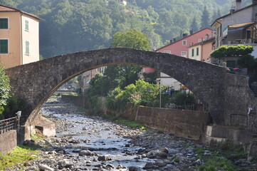 the medieval stony bridge over the river Vara, Varese Ligure, La Spezia province, Liguria, Italy