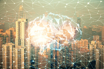 Brain hologram drawing on cityscape background multi exposure. Ai in modern city concept.