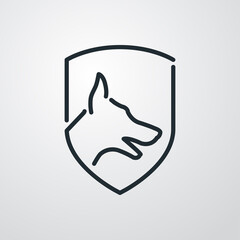 Perro guardián. Logotipo con silueta de cabeza de perro en escudo con líneas en fondo gris