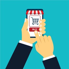 Online shopping concept. Hand holding smart phone and touch buy button. flat illustration