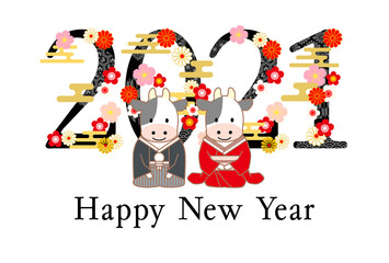 2021年丑年和装年賀状-白背景