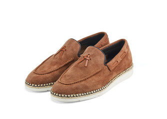 Pair of light men's summer shoes in brown suede with a white rubber sole edged with sisal. Light and practical shoes for everyday wear. Light and practical shoes for everyday wear.
