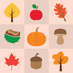 autumn icons composition, tree, leaf, apple, chestnut, acron, mushroom- vector illustration